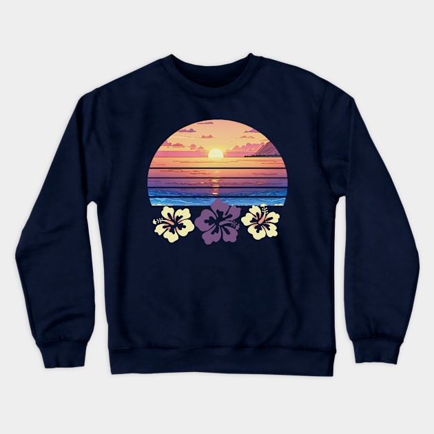 Sunset Beach And Hibiscus Flowers Crewneck Sweatshirt by PhotoArts